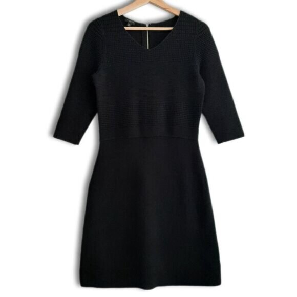 TALBOTS Sweater Textured Fine Knit V-Neck Dress Black Sz M P - Picture 2 of 15